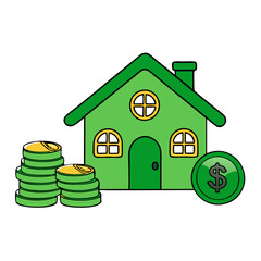Green House Icon with Stacks of Coins, Real Estate Investment, Financial Concept, White Background