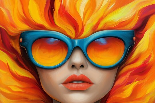 Woman with orange hair and blue sunglasses. She has red lips. Surreal insanity portrait character art - Powered by Adobe