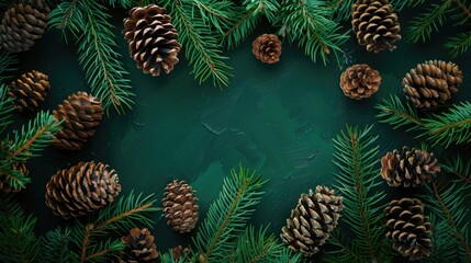 Innovative design of festive tree branches and cones room for text Nature themed New Year concept Flat lay