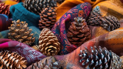 Pine cones in a backdrop of vivid autumn hued fabrics