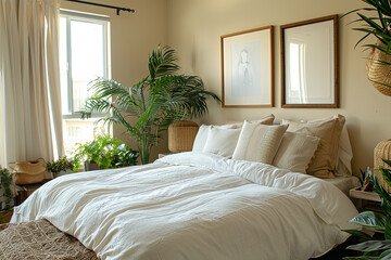 A bedroom with a white bed and two large white picture frames on the wall.,