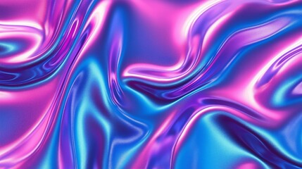 metallic liquid backdrop. neon texture in an abstract way. 3D holographic foil rainbow. glossy surface with waves in shades of blue and purple