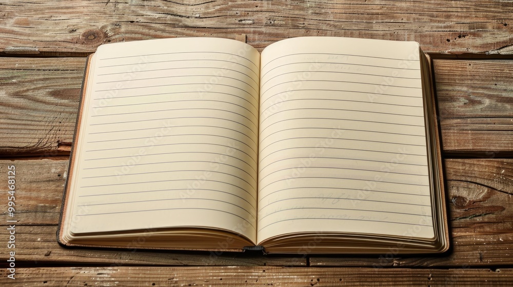 Fototapete Overhead view of open notebook with empty page and lined paper background