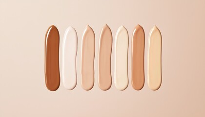 Obraz premium A gradient of hydrating primer and dewy foundation swatches, arranged from light to deep tones for a glass skin effect.