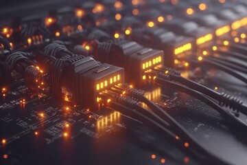 Obraz premium Glowing orange cables connected to a motherboard symbolizing fast data transmission secure connectivity and advanced telecommunication infrastructure
