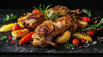 Roasted quail meat and vegetables on a black background