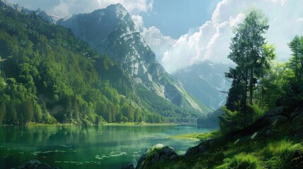 Fototapeta premium Mountainous Green Lake Scenery