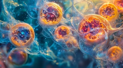 The oocytes encapsulated by swirling DNA strands, each one symbolizing a different generation's emotional burdens and traumas, vibrant and ethereal