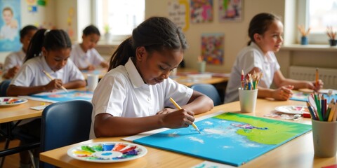 Fototapeta premium Happy Group of Diverse Elementary Students Engaged in Creative Art Projects in Classroom Setting