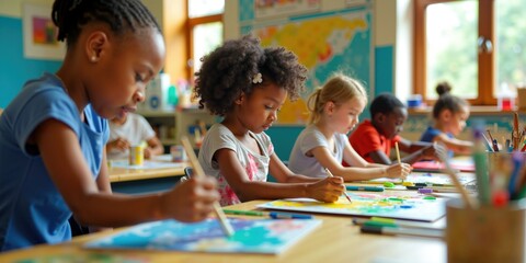 Happy Group of Diverse Elementary Students Engaged in Creative Art Projects in Classroom Setting