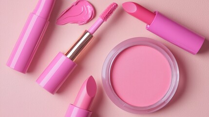 Naklejka premium A modern flat-lay of Cool Pink matte lipsticks and liquid glosses, showing off a combination of matte and high-shine finishes.