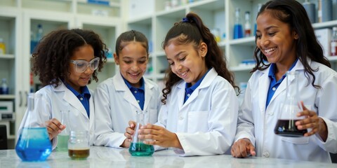 Fototapeta premium Diverse Group of Female Students in Lab Coats Conducting Chemistry Experiments
