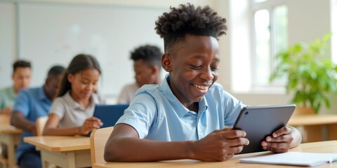 Fototapeta premium African American Male School Student Engaging in Fun Tablet Learning Session During Class