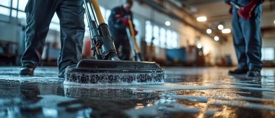 Janitors Cleaning Floor in Industrial Space