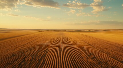 Naklejka premium A vast agricultural field illuminated by the golden tones of the sunset, with a clear blue sky and scattered clouds.