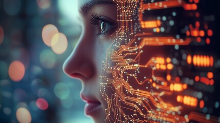 Close-up of a human face with integrated digital circuitry, blending technology and humanity in a futuristic concept.