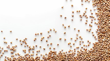 Raw buckwheat with white background and blank space above viewed from top