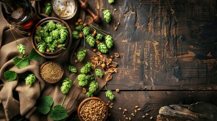 Ingredients for Beer on Natural Brown Cloth with Hops Branch