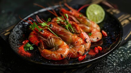 River shrimp grilled on a dark dish