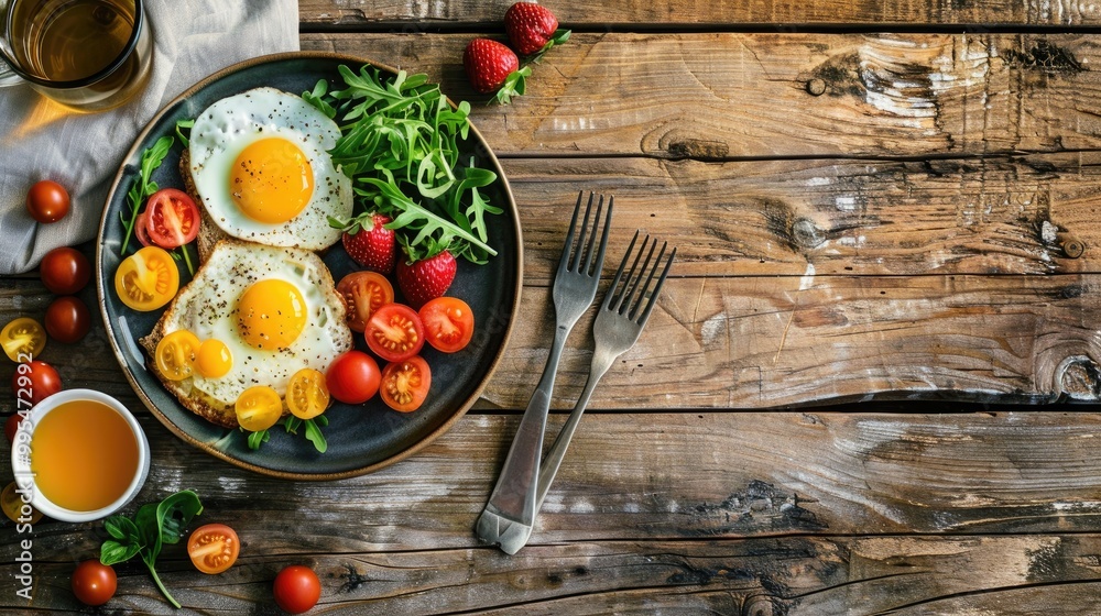 Poster Ideal morning meal presentation on a rustic wooden background viewed from above