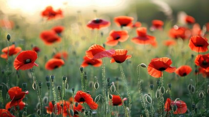 Poppies in a field as a backdrop in nature