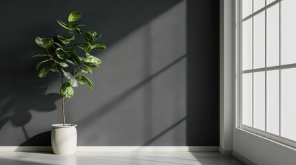 Plant and window against black and white wall