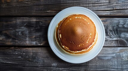 Pancake on white plate with wooden backdrop
