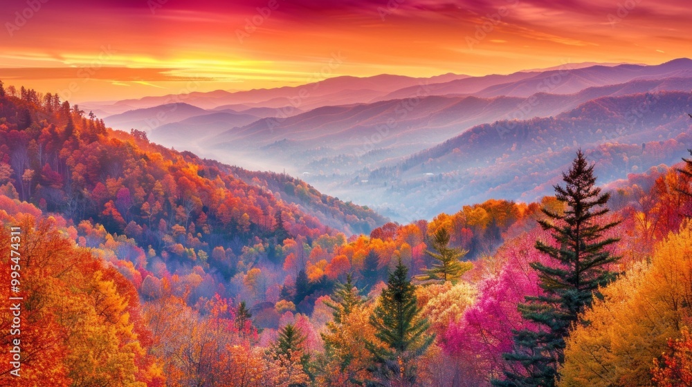 Poster a beautiful mountain range with a sunset in the background
