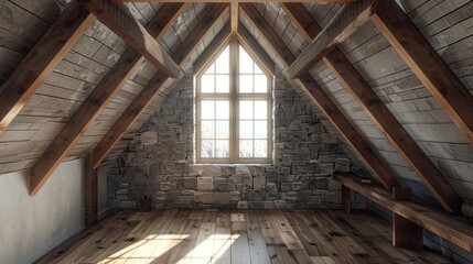 Observing a frame roof with exposed beams stone wall and window