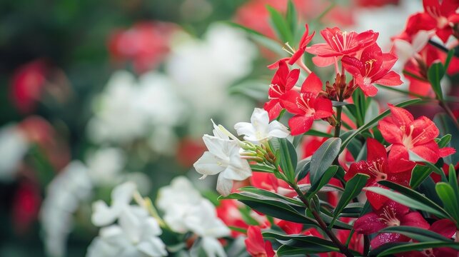 Red and white shrubs of Oleander