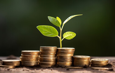 A tree growing from a pile of coins symbolizes financial growth and investment success.
