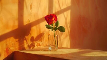 Red rose in glass against soft orange wall