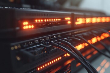 Naklejka premium Glowing orange ethernet cables plugged into a server rack symbolizing fast data transmission secure connection and advanced IT systems