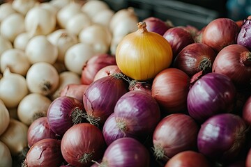 A pile of white, red, and yellow onions. An image perfect for advertisements and articles discussing the versatility and uses of different types of onions.