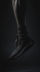 Close-up of athletic leg with black sneaker in mid-air against dark background showcasing dynamic...