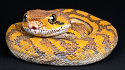 Fototapeta premium This ball python displays stunning yellow and brown scales coiled on a dark background, highlighting its intricate patterns and characteristics often found in natural settings