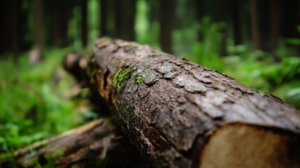 Fototapeta premium The image captures a detailed view of a weathered log lying on the forest floor, its bark dotted with moss, surrounded by vibrant greenery and tall trees