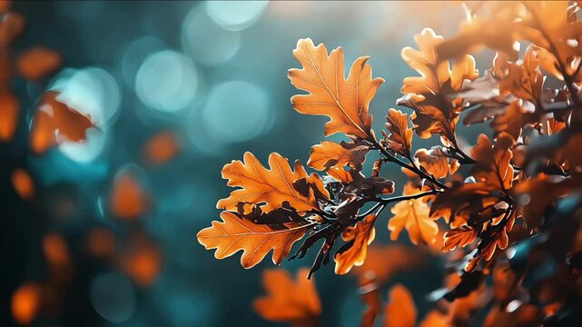 Autumn colorful bright leaves swinging on an oak tree in autumnal park. Fall background. Beautiful nature scene