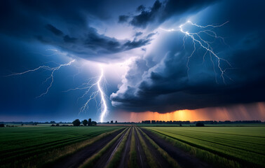 A dramatic night scene featuring a powerful lightning strike illuminating a stormy field, showcasing the raw energy and beauty of nature during a thunderstorm