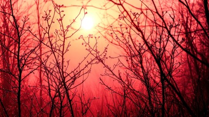 Obraz premium A breathtaking view of a vibrant sunrise filtering through silhouetted branches in a misty forest, casting a warm red hue across the landscape