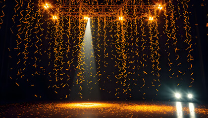 Golden confetti rain on festive stage with light beam, empty room at night mockup background.