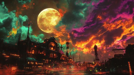 Fototapeta premium Dystopian carnival under a full harvest moon, with a sky of purple and green hues kissed by fiery orange clouds