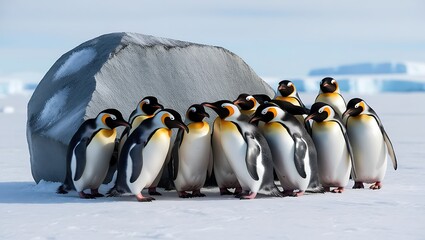 Obraz premium Step into the heartwarming world of penguins as they huddle around a large rock for warmth, creating a cozy and communal scene amidst the icy landscape.