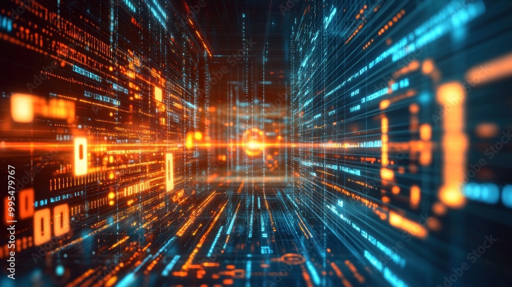 Leinwandbilder A vibrant data stream flows through a futuristic digital landscape, showcasing glowing lines and binary code that represent advanced technology and information flow