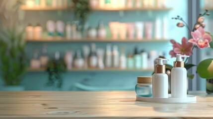 Product display on blurred beauty salon interior background