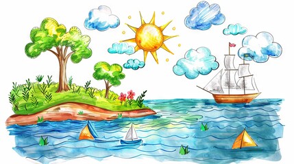 Children's artwork depicting a sea scene with a ship, island, sun, and clouds, illustrated in a cartoon style, set against a white background