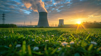 Cooling tower of a nuclear power plant situated behind green grass, symbolizing atomic energy. Nuclear power and its impact on the environment.