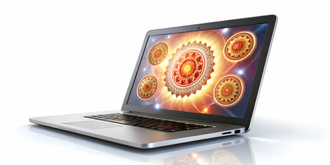 3D Laptop with Holographic Bhai Dooj Symbols - Modern Concept Design for Festivals | Isolated Icon on White Background