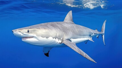 Fototapeta premium A large shark glides effortlessly through the bright blue ocean, displaying its powerful body and sharp features, illustrating the beauty of marine life