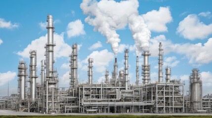 Obraz premium A large industrial complex features multiple smokestacks releasing white smoke into the sky. The setting portrays an active oil refinery with extensive infrastructure during daylight hours
